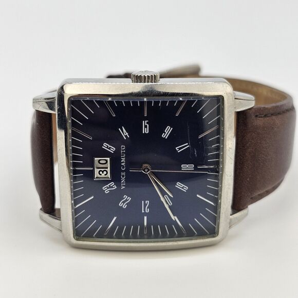 Vince Camuto Men's Watch 38MM Blue Dial Date Brown Leather Bands New Battery - Picture 1 of 15